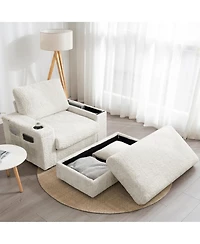 Rainsken 42" Oversized Single Sofa, Faux Rabbit Fur Armchair with Cup Holders, Storage Armrest and Ottoman, Deep Seat Recliner for Living Room