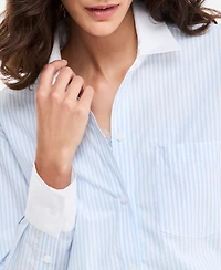 On 34th Women's Oversized Contrast-Collar Striped Poplin Shirt, Macy's Exclusive