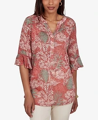 Ruby Rd. Petite Tropical Floral Burnout Split Neck Top