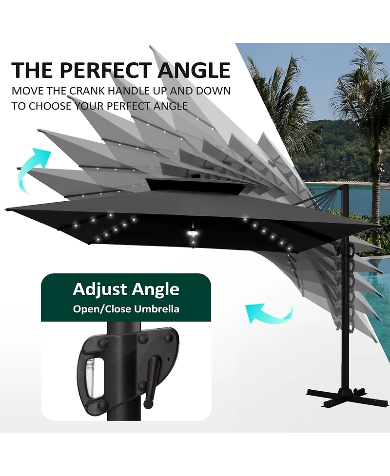 Pellebant Outdoor Patio 11x11Feet Aluminum Double Canopy Solar Lights Cantilever Umbrella with Base