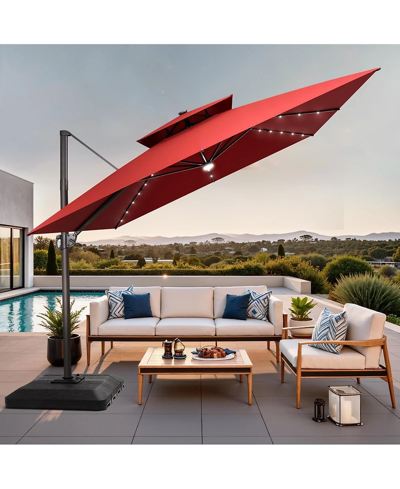 Pellebant Outdoor Patio 11x11Feet Aluminum Double Canopy Solar Lights Cantilever Umbrella with Base