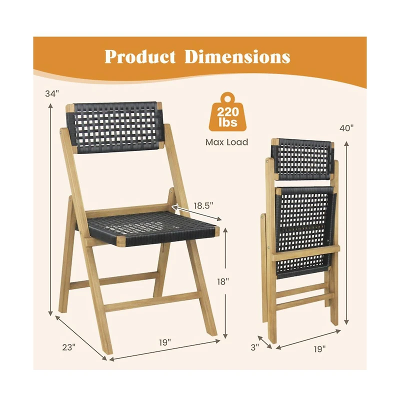 Boyel Living Set of 2 Folding Chairs Indonesia Teak Wood Dining Chairs with Woven Rope Seat and Back