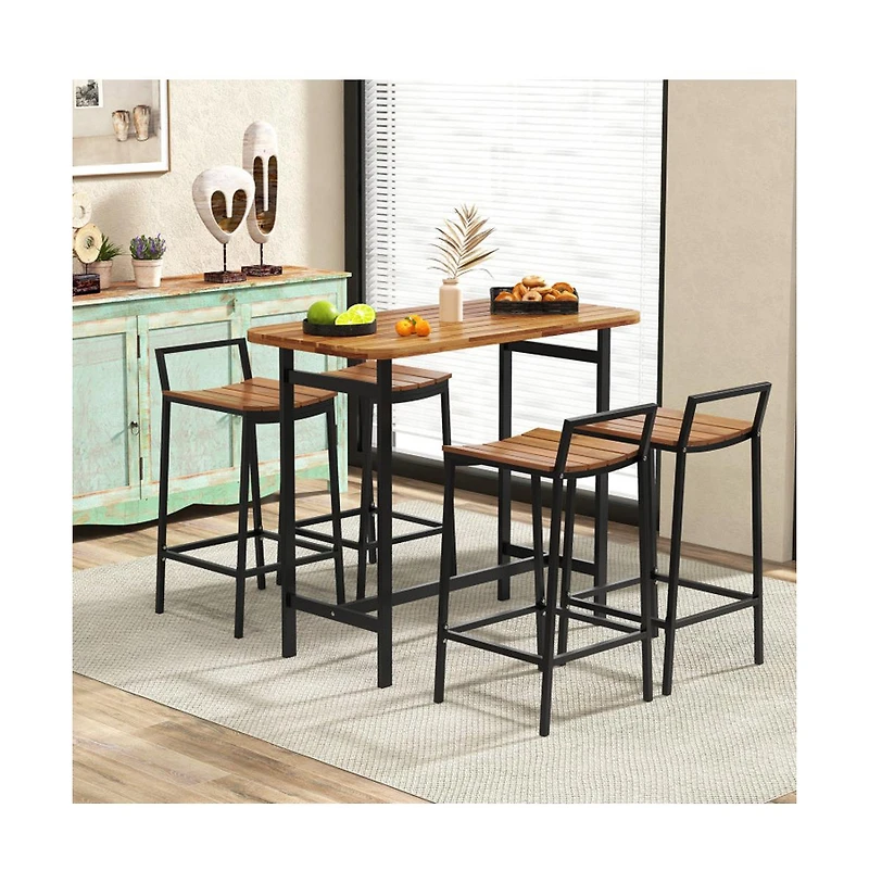 Boyel Living 5 Piece Acacia Wood Bar Table Set Bar Height Table and Chairs with Metal Frame and Footrest