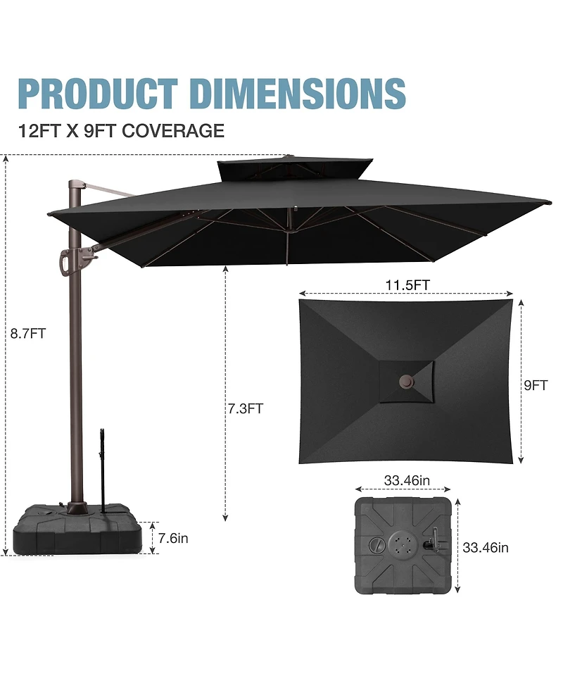 Pellebant Outdoor Patio Double Top 9X12Feet Aluminum Cantilever Umbrella With Rod Wheel Base