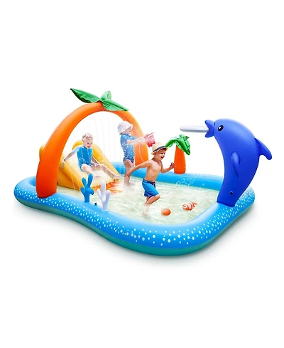 Aofar KidPool Slide Inflatable Play Center Wading Lounge Coconut Palm Sprinkler Water Game