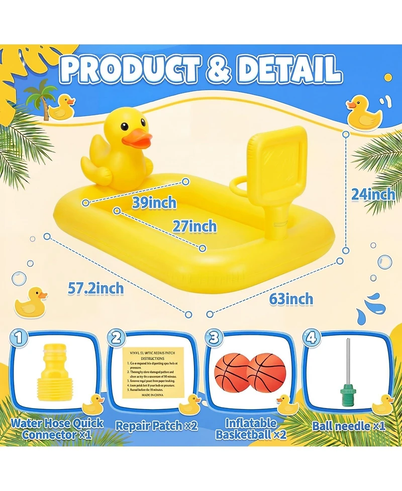 Aofar 63" Splash Pad Inflatable Duck Sprinkler Mat Water Basketball Game Pool Play Center Birthday Gift