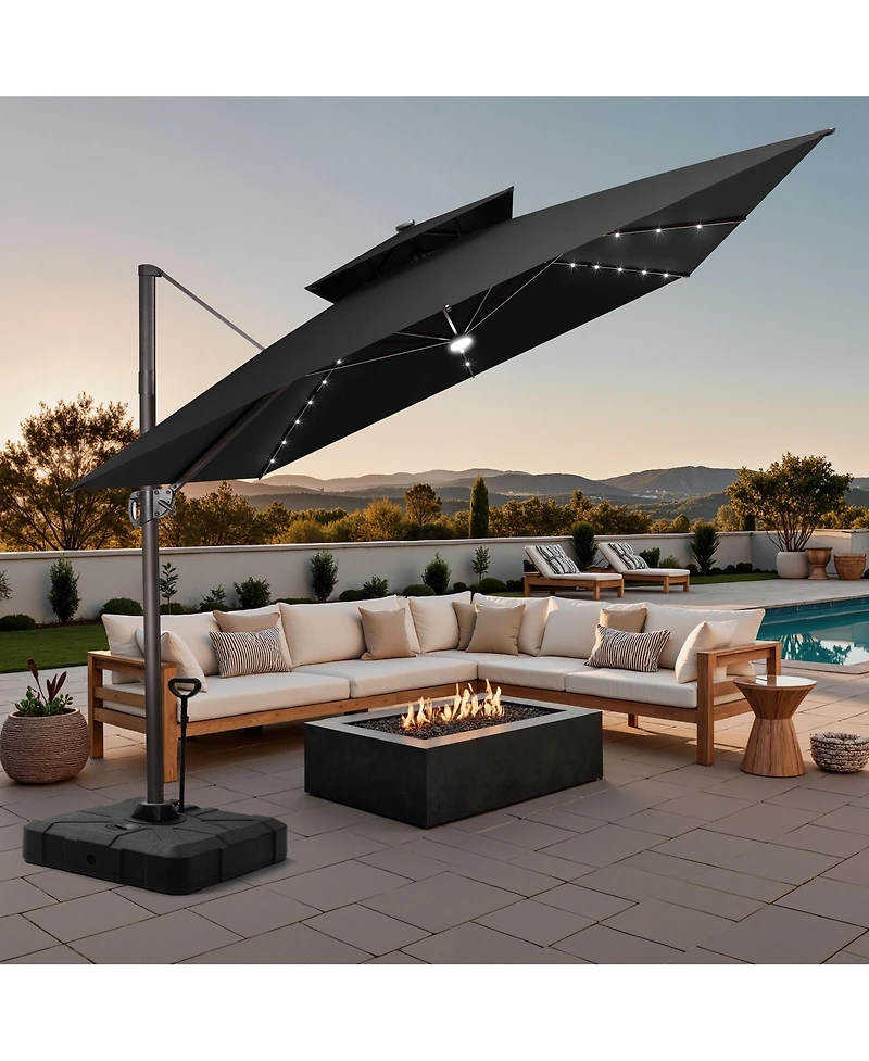 Pellebant Outdoor Patio 11x11Feet Aluminum Double Canopy Solar Lights Cantilever Umbrella with Rod Wheel Base