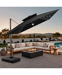 Pellebant Outdoor Patio 11x11Feet Aluminum Double Canopy Solar Lights Cantilever Umbrella with Rod Wheel Base