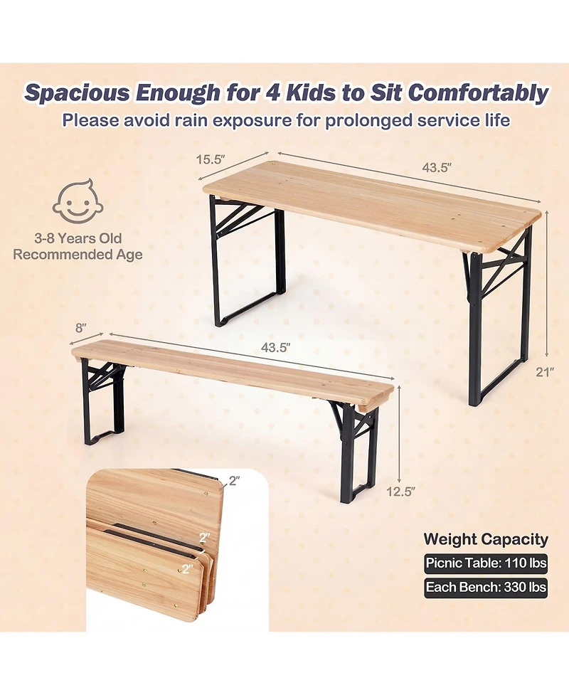 Costway 43.5 Inch Folding Kids Picnic Table and Bench Set with 0.8" Thick Fir Wood Top