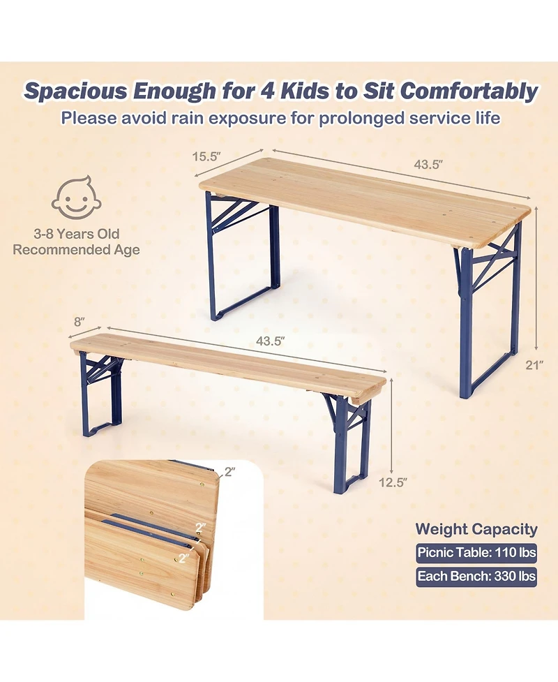 Costway 43.5 Inch Folding Kids Picnic Table and Bench Set with 0.8" Thick Fir Wood Top