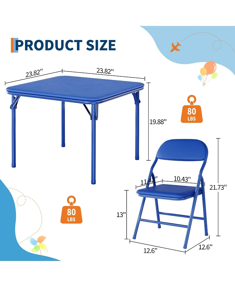 homfan 5-Piece Kids Folding Table and Chairs Set – Pu Cushioned Square Table, Durable Metal Frame, Portable, Space-Saving, Ideal for Dining, Crafts