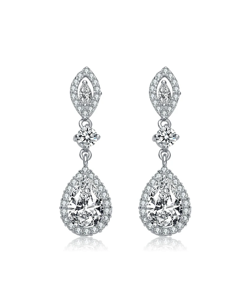 Sterling Silver with Rhodium Plated Clear Pear with Round and Marquise Cubic Zirconia Accent Dangle Earrings