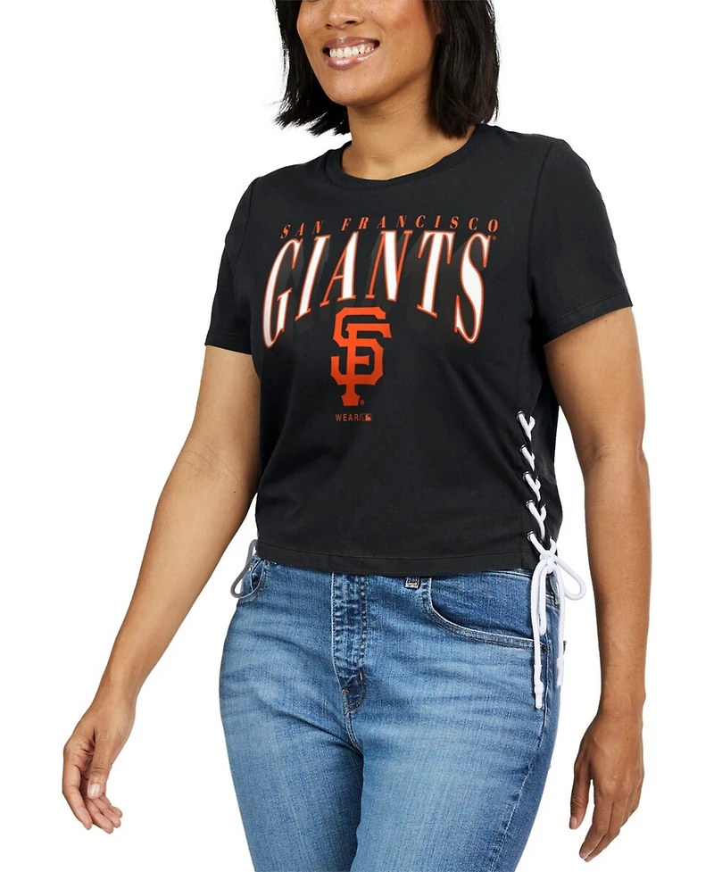 Wear By Erin Andrews Women's Black San Francisco Giants Side Lace-Up Cropped T-Shirt