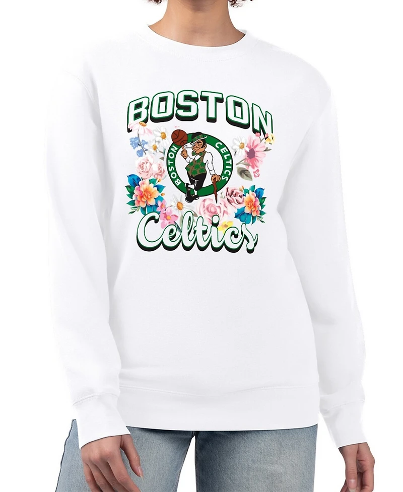 G-iii 4Her By Carl Banks Women's White Boston Celtics Flowers Team Logo Graphic Fleece Crewneck Pullover Sweatshirt