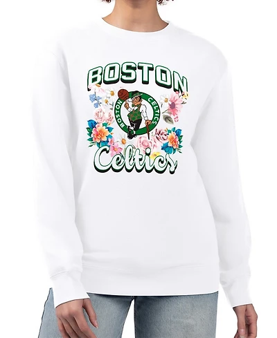 G-iii 4Her By Carl Banks Women's White Boston Celtics Flowers Team Logo Graphic Fleece Crewneck Pullover Sweatshirt