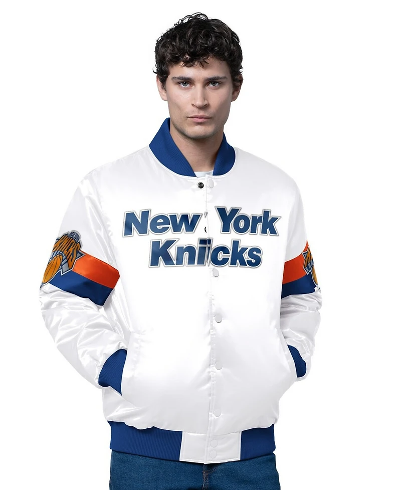 Starter Men's White New York Knicks Triple Option Varsity Full-Snap Satin Jacket