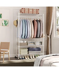 Rainsken Rolling Garment Rack 3 Tiers, , with Rods and Side Hooks, Adjustable Wire Shelving Clothes Rack, Heavy Duty Metal Clothing Racks