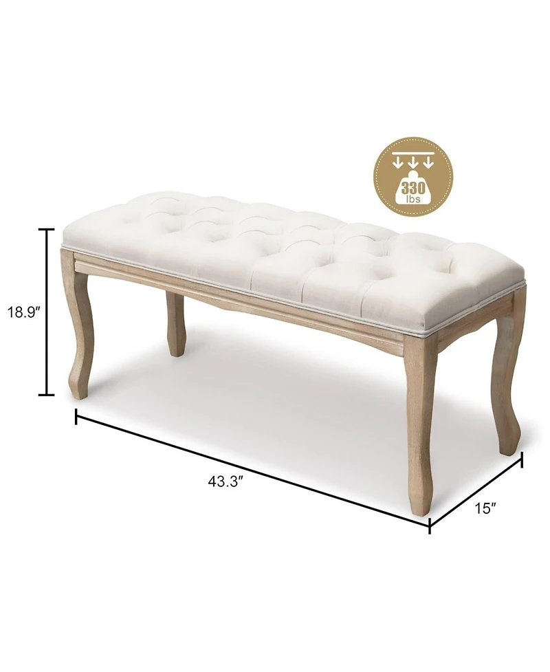Rainsken Upholstered End of Bed Bench, Linen Ottoman Seat, Carving for Living Room, Foyer