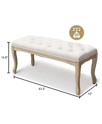 Rainsken Upholstered End of Bed Bench, Linen Ottoman Seat, Carving for Living Room, Foyer