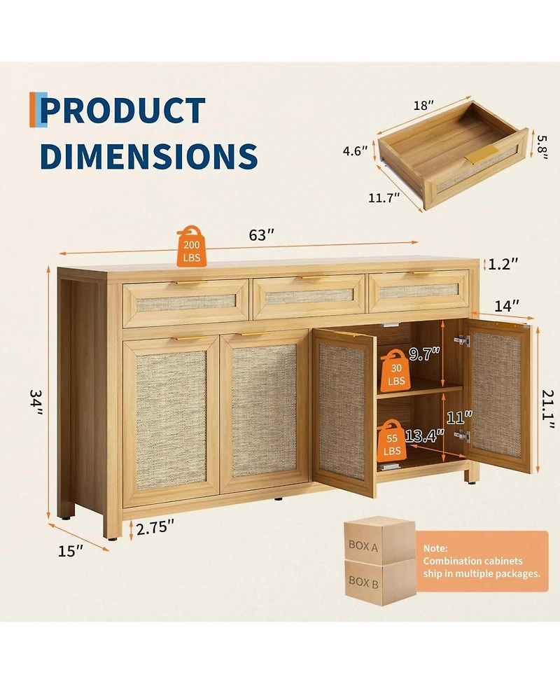 gaomon 63 Inch Sideboard Buffet Cabinet, Rattan Farmhouse Credenza Storage Cabinet with Doors, Drawers and Adjustable Shelves,
