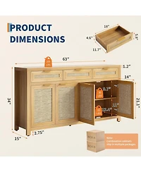 gaomon 63 Inch Sideboard Buffet Cabinet, Rattan Farmhouse Credenza Storage Cabinet with Doors, Drawers and Adjustable Shelves,