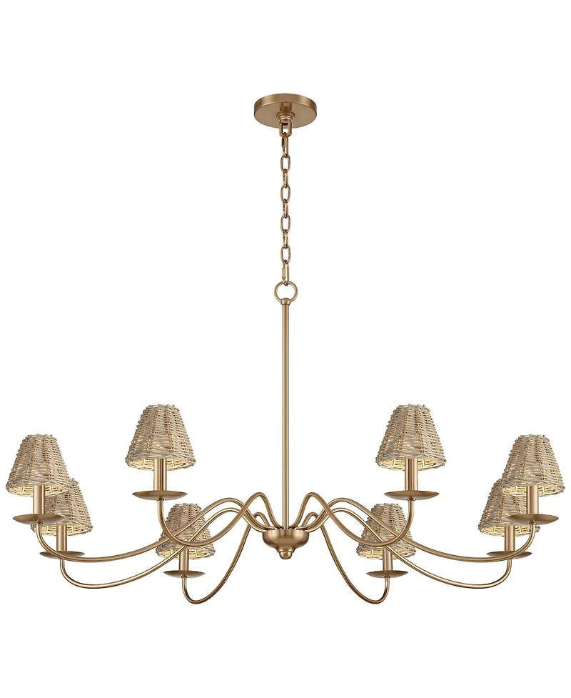 Franklin Iron Works Marinec 42inch Wide Soft Gold 8-Light Chandelier with Wicker Shades