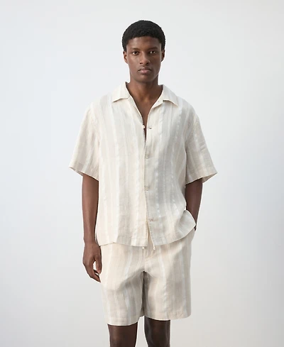 Mango Men's Bowling Collar Striped Linen Shirt