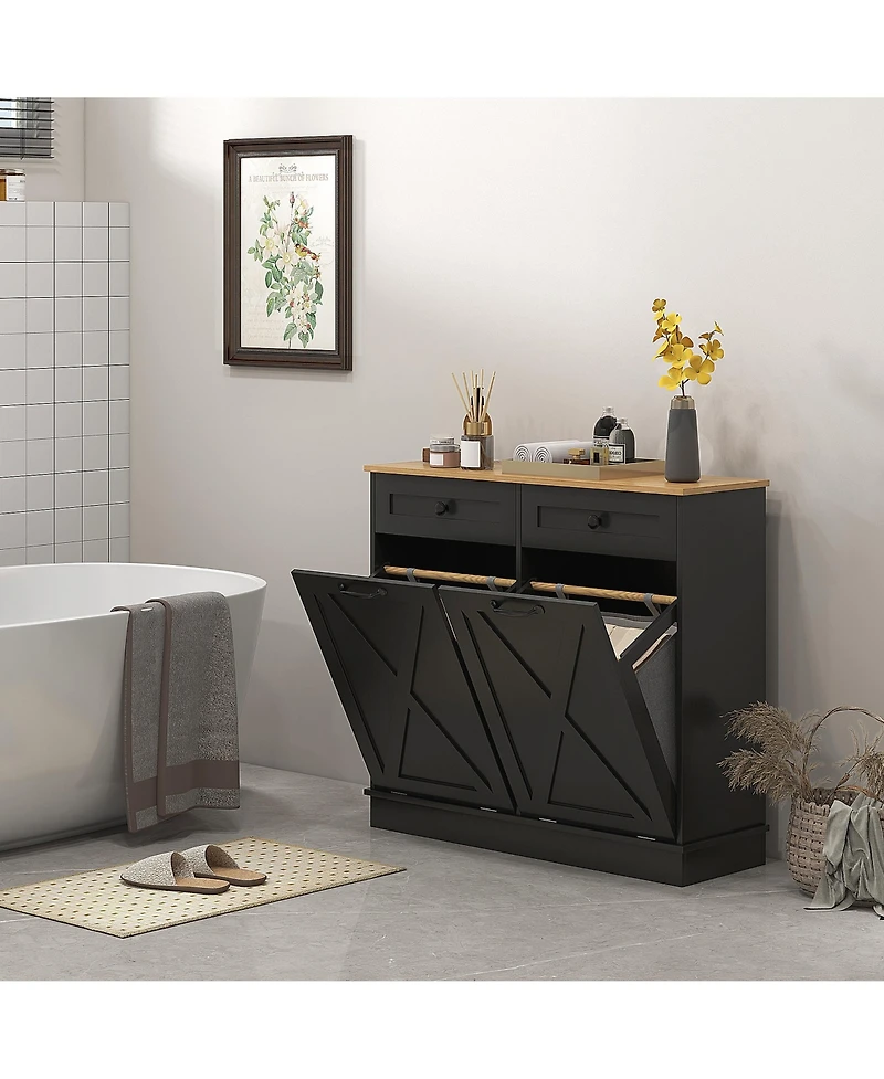 Busdays Tilt Out Laundry Hamper Cabinet Bathroom Storage with 2 Removable Baskets and 2 Drawers