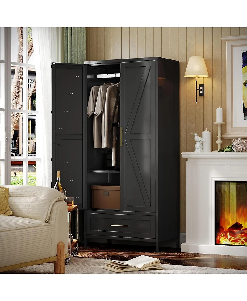 Boyel Living 71 Inch Metal Wardrobe Closet with Drawer and Hanging Rod, Tall Armoire Cabinet Adjustable Shelf for Bedroom