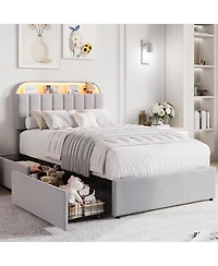 gaomon Bed Frame with Storage Headboard, Kids Bed Frame with 2 Drawers, Velvet Upholstered Platform Bed Frame with Lights