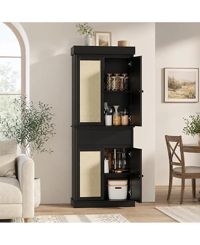 homfan Modern Rattan Pantry Cabinet with Adjustable Shelves and Drawer, Soft-Close Doors, Smooth Slides, Anti-Tip Safety, Freestanding Storage Unit