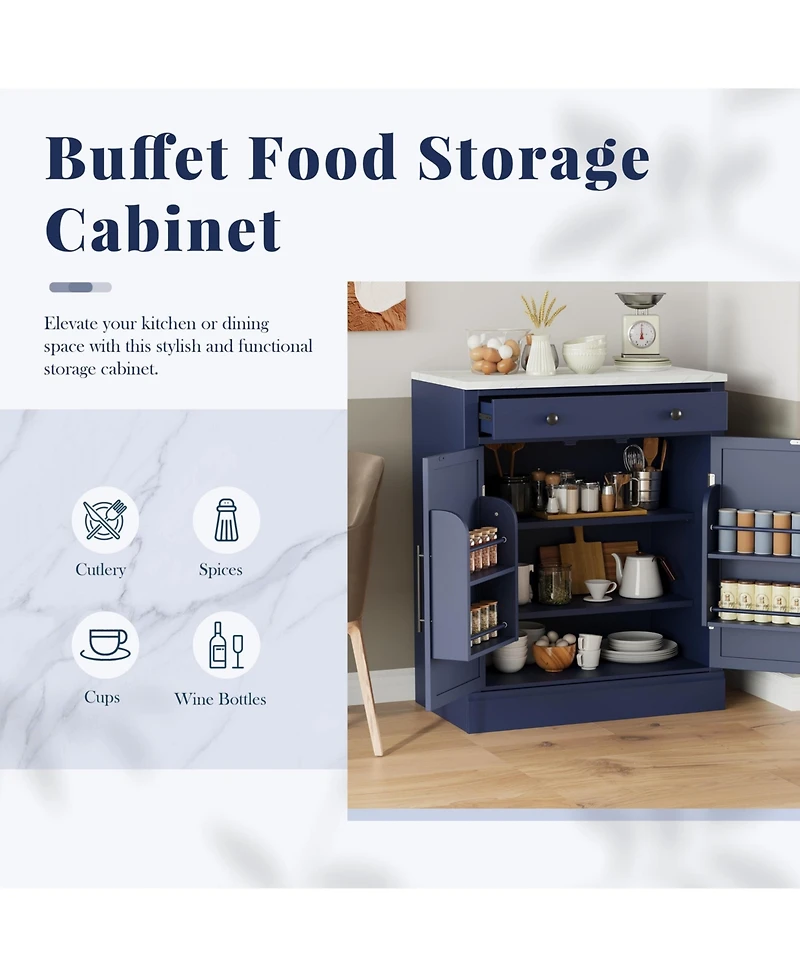 Boyel Living Set of 2 Modern Freestanding Kitchen Pantries, Buffet Storage Cabinets with Faux Marble Tops and Drawers for Dining Room