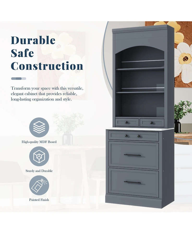Boyel Living Set of 2 83.7 Inch Tall Kitchen Pantries, Freestanding Hutch with Faux Marble Top, Cabinets 5 Drawers and Adjustable Shelf