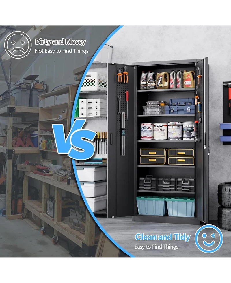 Boyel Living 71 Inch Metal Storage Cabinet with Lock and Pegboard, Tall Garage Organizer with 5 Adjustable Shelves
