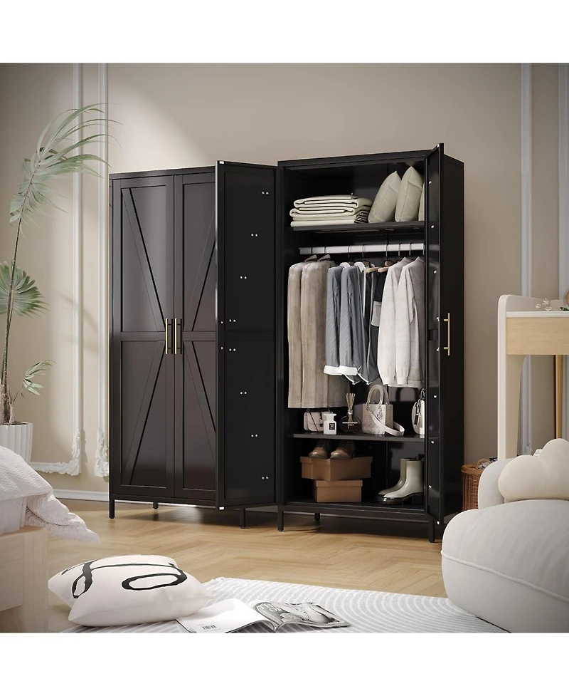 Boyel Living 71 Inch Farmhouse Metal Wardrobe Closet, Tall Armoire Cabinet with Doors and Hanging Rod for Bedroom