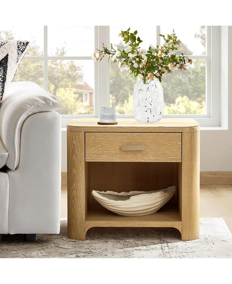 Hulala Home Roberta Modern 28"W 1 Drawer Oak Wood End Table with Built-In Power Station