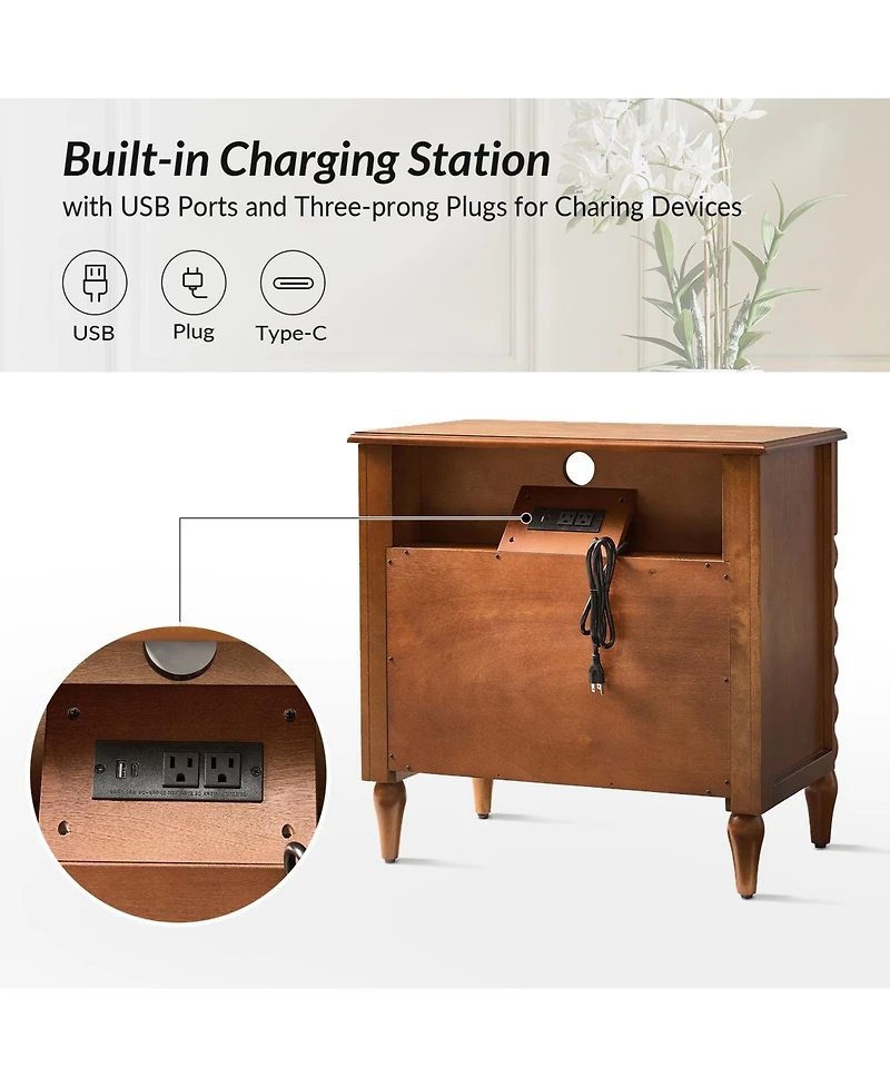 Hulala Home Isidora Transitional 28"W 2-Drawer Spindle-Style Solid Wood Columns End Table with Usb Ports