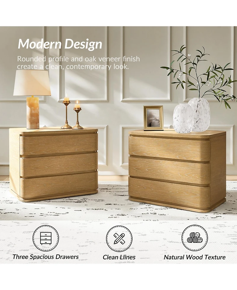 Hulala Home Fay Modern 30"W 3-Drawer Oak Wood End Table with Built-In Power Station