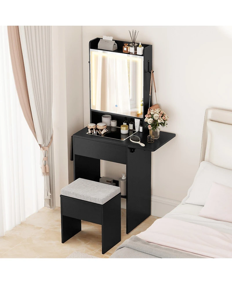 Slickblue Bedroom Vanity Desk with Lighted Mirror, Space-Saving Makeup Station