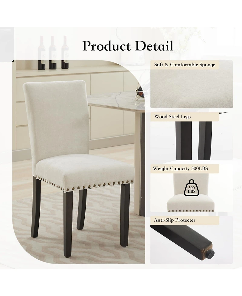 homfan Set of 2 Dining Chairs, Linen Upholstered Parsons Chairs with Nailhead Trim and Wood Legs for Room