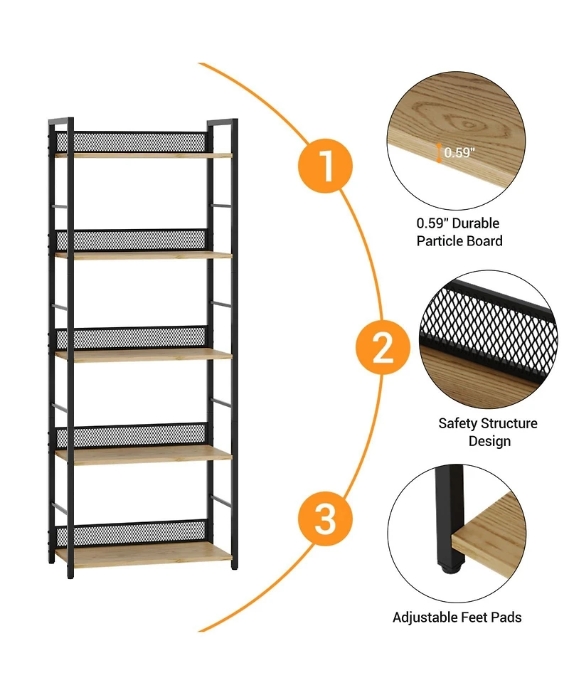 gaomon 5 Tier Bookshelf with Metal Frame and Wood Shelves, Tall Industrial Bookcase Storage Rack for Bedroom Living Room Home Office