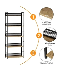 gaomon 5 Tier Bookshelf with Metal Frame and Wood Shelves, Tall Industrial Bookcase Storage Rack for Bedroom Living Room Home Office