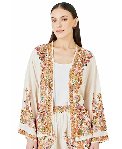 Yumi Women's Viscose Floral Border Belted Jacket