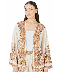 Yumi Women's Viscose Floral Border Belted Jacket