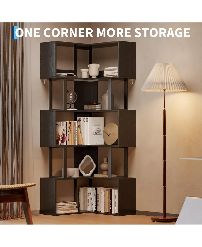 homfan 6-Tier L-Shaped Corner Bookshelf, Industrial Metal Frame Space-Saving Storage Rack with Wall Anchors, Freestanding Display Organizer