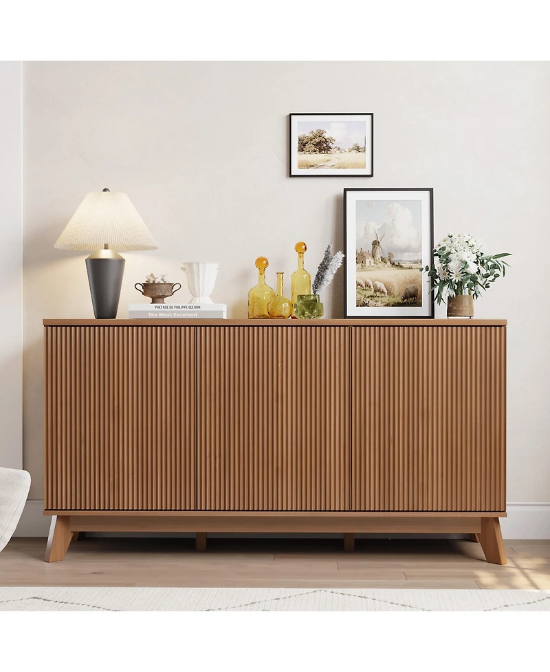 homfan 58 Inch Modern Farmhouse Fluted Wooden Credenza, 3-Door Sideboard Buffet with Adjustable Shelves, Multi-Use Storage Console