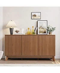 homfan 58 Inch Modern Farmhouse Fluted Wooden Credenza, 3-Door Sideboard Buffet with Adjustable Shelves, Multi-Use Storage Console
