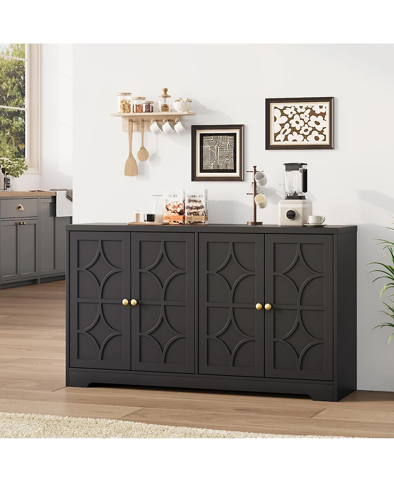homfan 55 Inch Modern Sideboard Credenza, 4-Door Buffet Cabinet with Adjustable Shelves and Gold Handles for Kitchen, Living Room Entryway