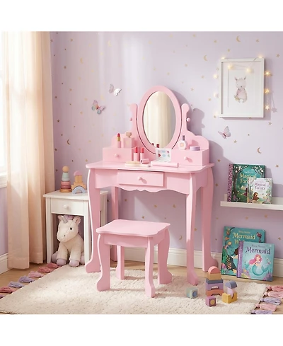homfan Kids Vanity Set with Mirror and Stool, Wooden Princess Makeup Dressing Table with Drawer for Girls Ages 4-9, Perfect Pretend Play Vanity