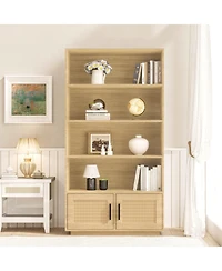 homfan Boho Style 5-Tier Wooden Shelving Unit with Rattan Doors - Tall Display and Storage Bookcase for Indoor Living and Working Spaces